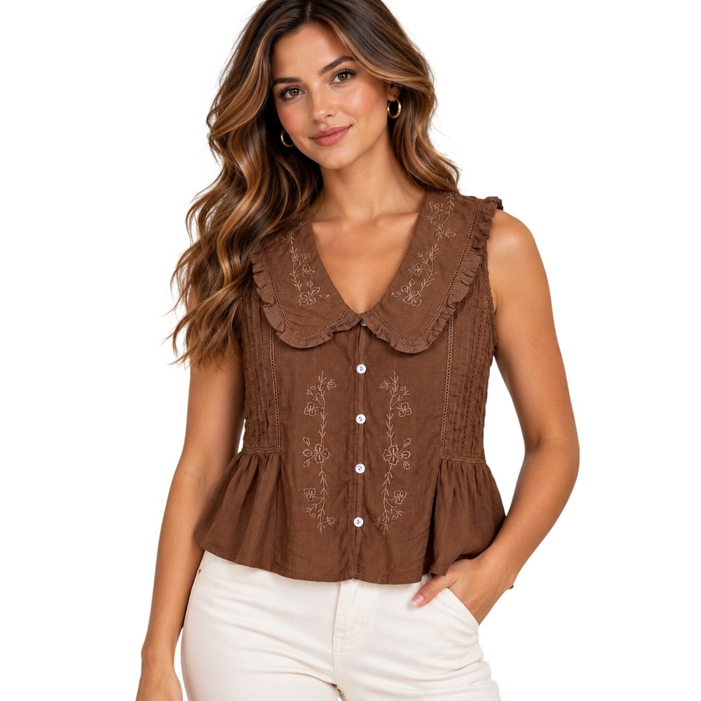Jennifer & Grace Top Women S Brown Excellent Embroidered Peplum Peter Pan Collar